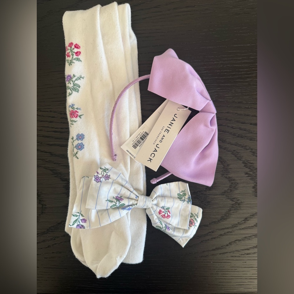 Janie and Jack Purple Headband and Floral Bow and tights Set